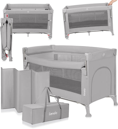 Lit de voyage Lionelo Ellen 3 en 1 – lit d'appoint, lit bébé/enfant – cododo – – lit de camping – 2 positions de matelas – pliable – roues avec freins – avec sac de transport – jusqu'à 15 kg