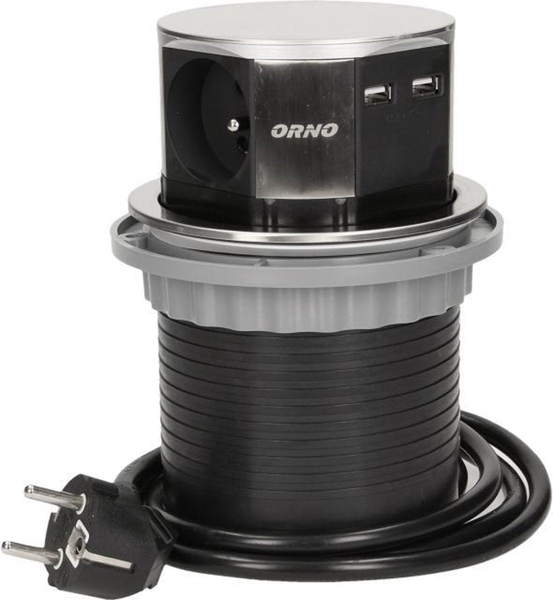 Multiprise pop-up Orno - Multiprise 3 voies - Multiprise avec deux points de charge USB-A - Acier inoxydable