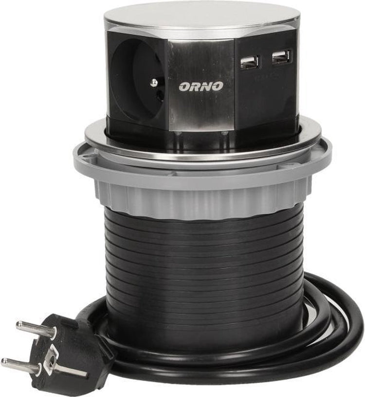 Multiprise pop-up Orno - Multiprise 3 voies - Multiprise avec deux points de charge USB-A - Acier inoxydable
