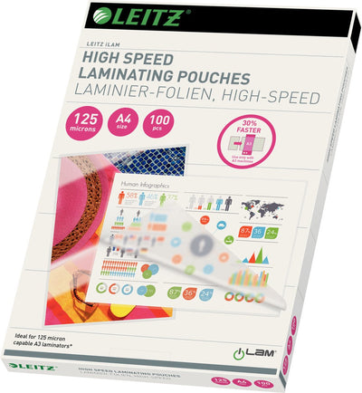 Pochettes de plastification Leitz a4 - adaptées aux plastifieuses a3 - haute vitesse - 125 mic - 100 pièces