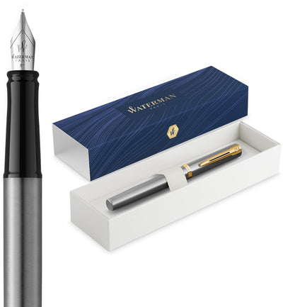 Stylo plume à impression Waterman | pointe de remplissage moyenne avec remplissage d'encre bleue | acier inoxydable avec finition dorée | coffret cadeau