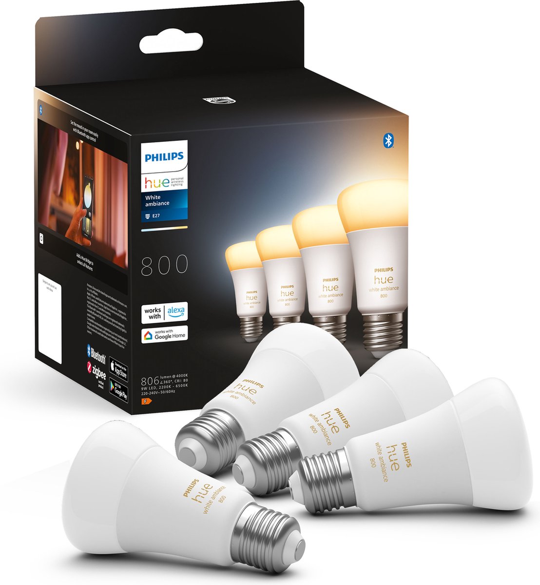 Lampes Philips hue - lumière blanche chaude à froide - E27 - 800 lumens - Bluetooth - 4 pièces