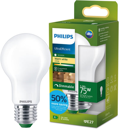 Philips LED Lampe LED ultra-efficace Philips - 75w - culot E27 - lumière blanc chaud : 2700k - dimmable - verre dépoli - forme de lampe A60 - longue durée de vie
