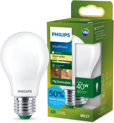 Philips LED Lampe LED ultra-efficace Philips - 40W - culot E27 - lumière blanc chaud : 2700k - dimmable - verre dépoli - forme de lampe A60 - longue durée de vie
