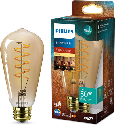 Philips led philips deco led - interrupteur de scène - 50w - raccord e27 - forme de lampe edison st64 - lampe ambre