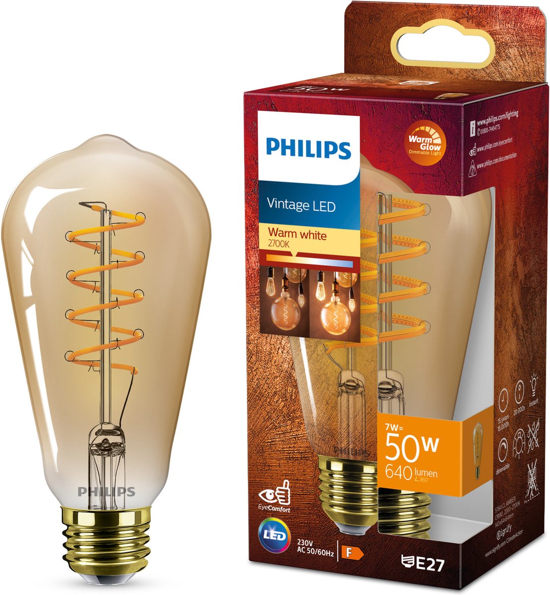 Philips led philips déco led - warmglow - 50w - raccord e27 - forme de lampe edison st64 - lampe ambre