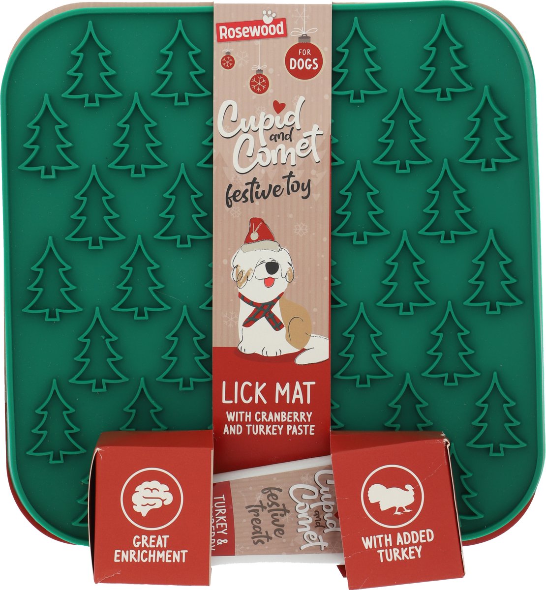 Comète Cupidon en bois de rose – Tapis à lécher avec pâte de canneberge de dinde – Forme d'arbre de Noël – Gâterie de stimulation mentale – pour chiens