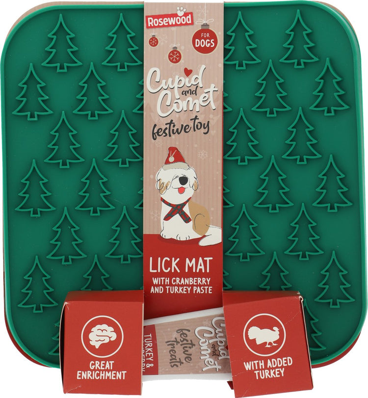 Comète Cupidon en bois de rose – Tapis à lécher avec pâte de canneberge de dinde – Forme d'arbre de Noël – Gâterie de stimulation mentale – pour chiens