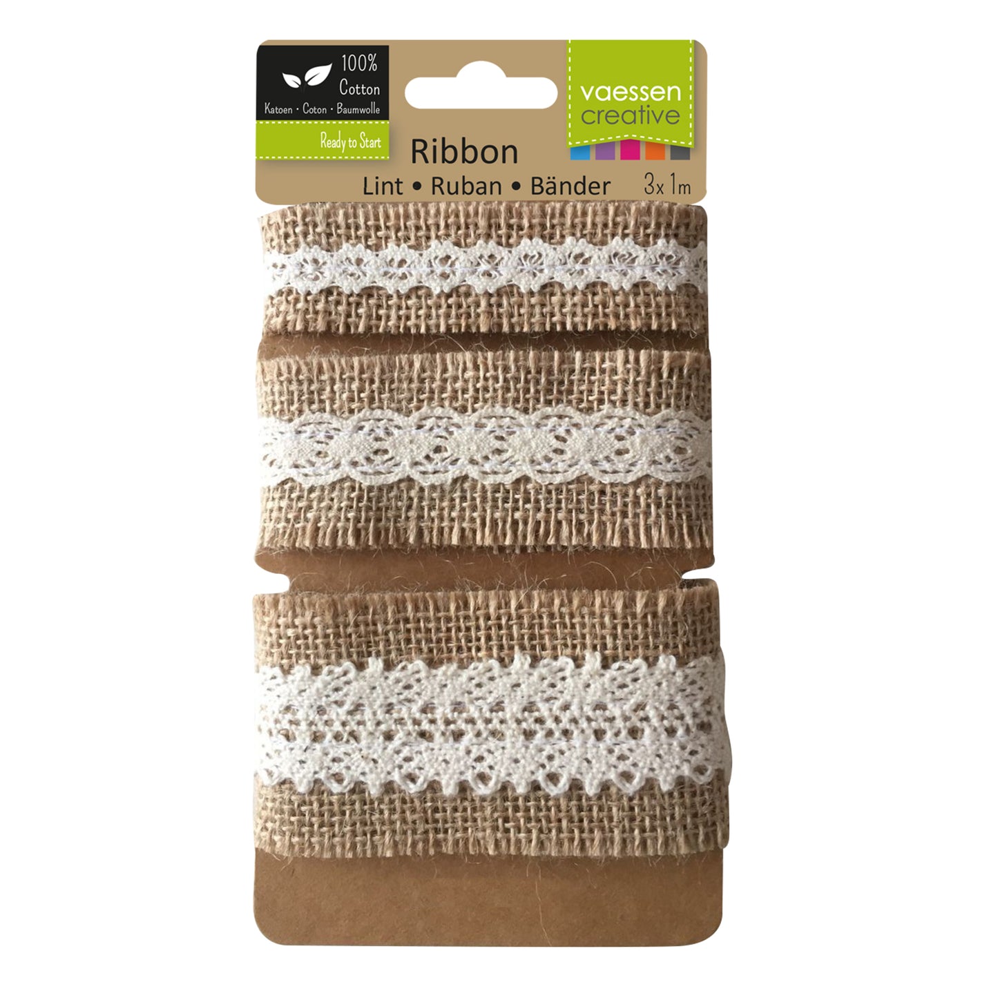 Vaessen creative • assortiment ruban de jute dentelle ivoire naturel 3pcs 1m