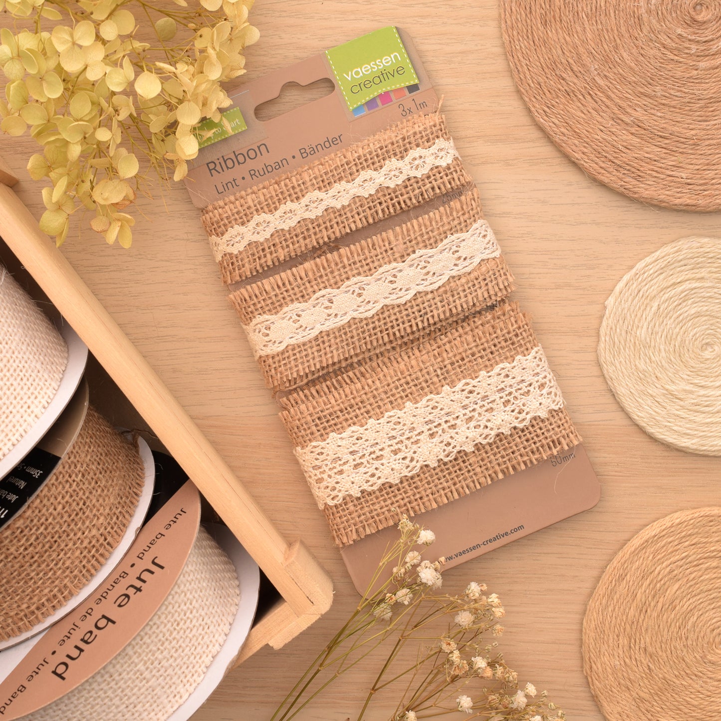 Vaessen creative • assortiment ruban de jute dentelle ivoire naturel 3pcs 1m