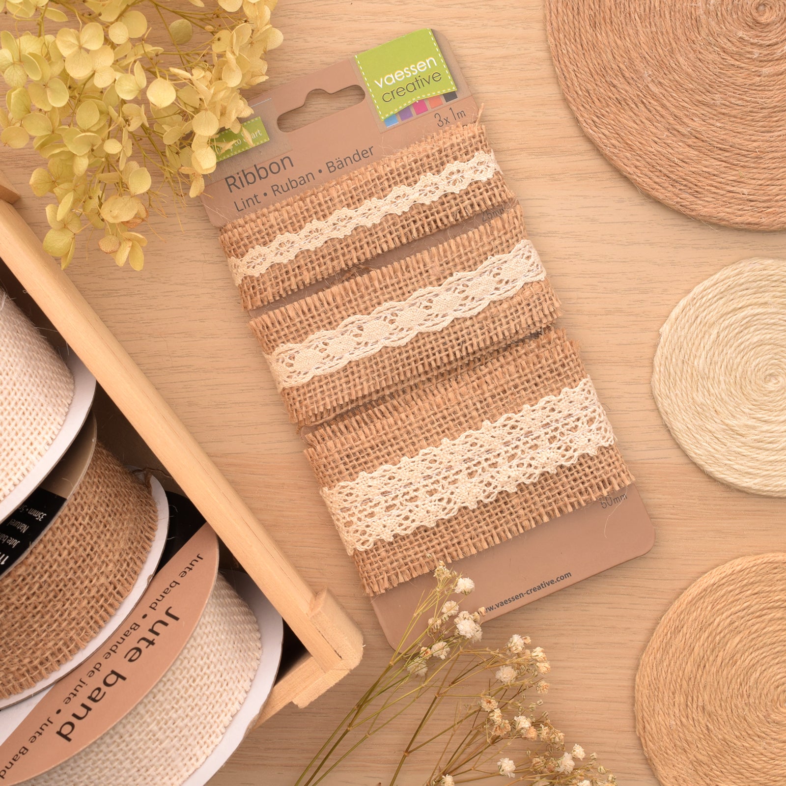 Vaessen creative • assortiment ruban de jute dentelle ivoire naturel 3pcs 1m