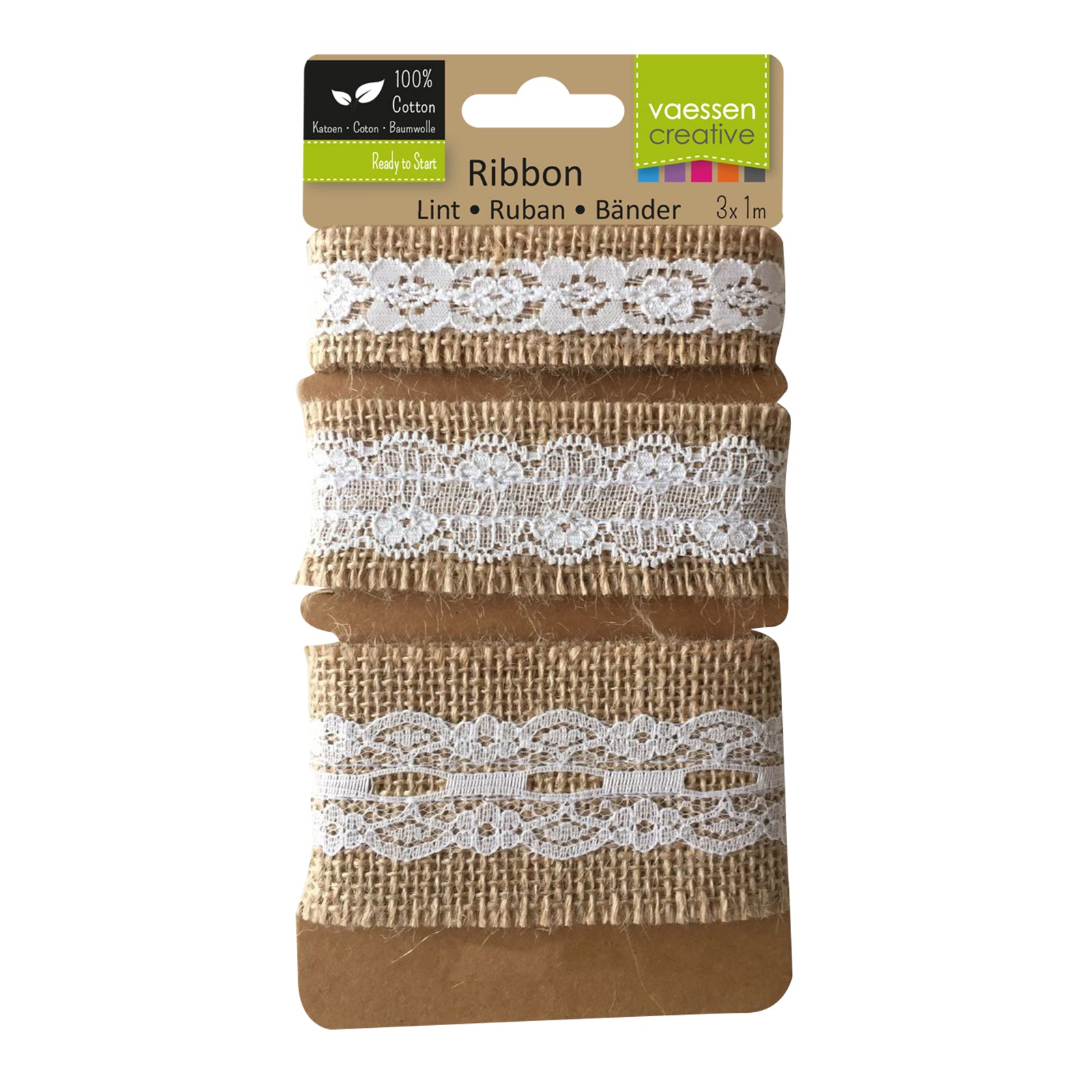 Vaessen creative • assortiment ruban de jute dentelle ivoire naturel 3pcs 1m
