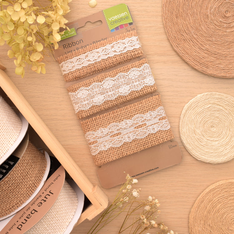 Vaessen creative • assortiment ruban de jute dentelle ivoire naturel 3pcs 1m