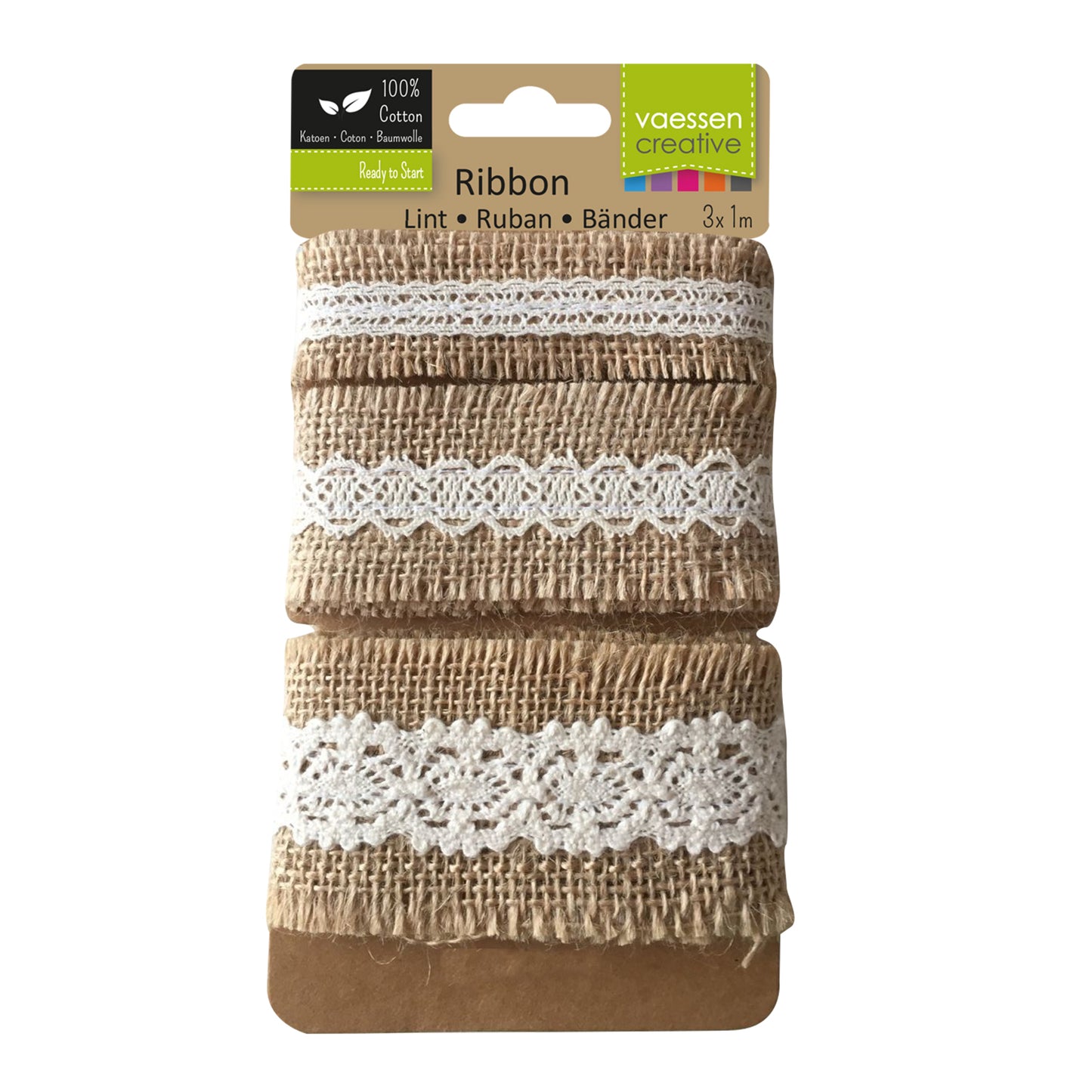 Vaessen creative • assortiment ruban de jute dentelle ivoire naturel 3pcs 1m