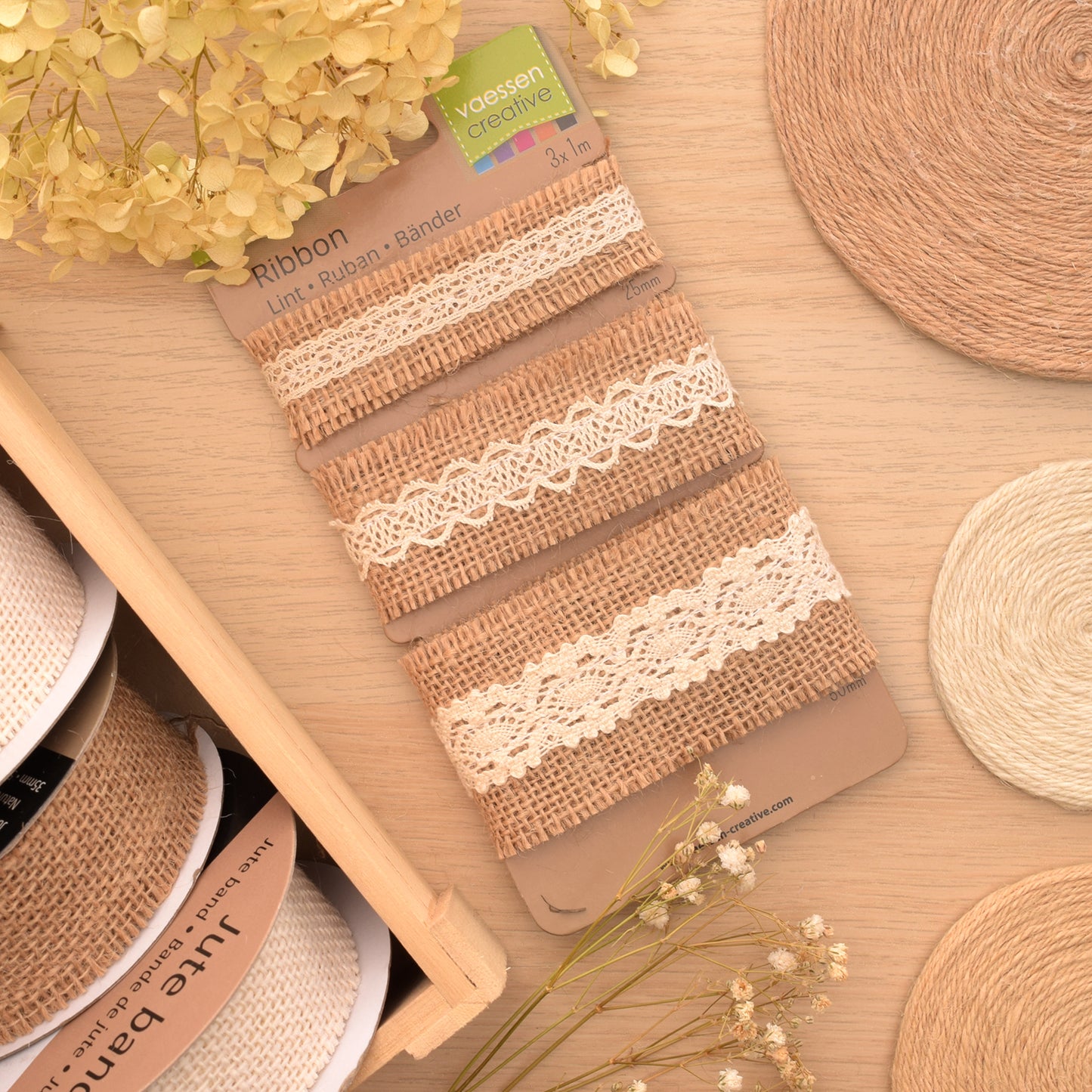 Vaessen creative • assortiment ruban de jute dentelle ivoire naturel 3pcs 1m