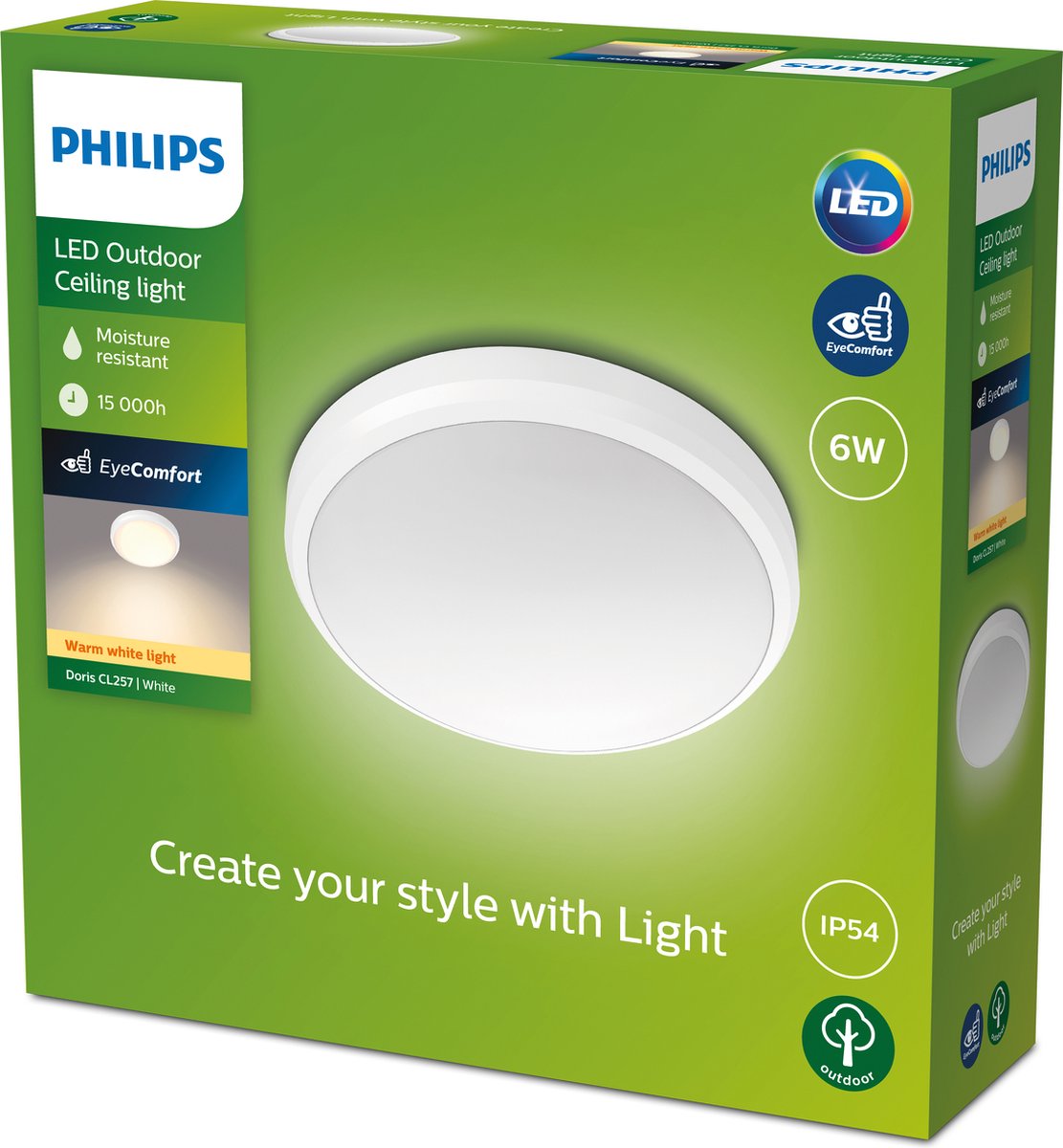 Philips LED Doris Plafond 6W 27K Blanc IP54 HV