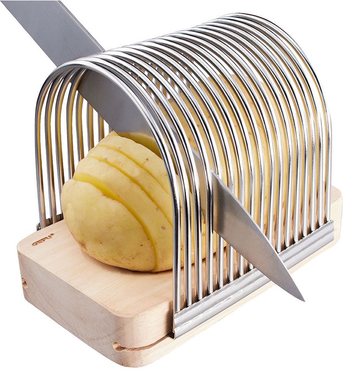 Gefu hassel hasselback coupe-pommes de terre – acier inoxydable et bois – pour pommes de terre et légumes – 14 cm