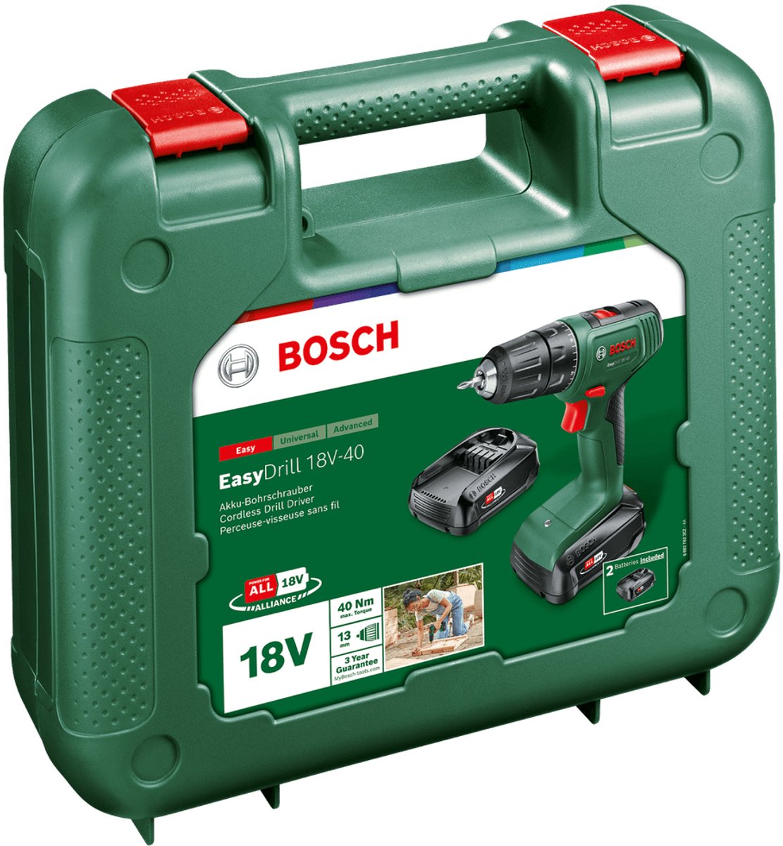 Bosch Home and Garden EasyDrill 18V-40 06039D8002 Perceuse-perceuse sans fil 18 V 1,5 Ah Li-ion incl. 2 piles, incluses. tiroir