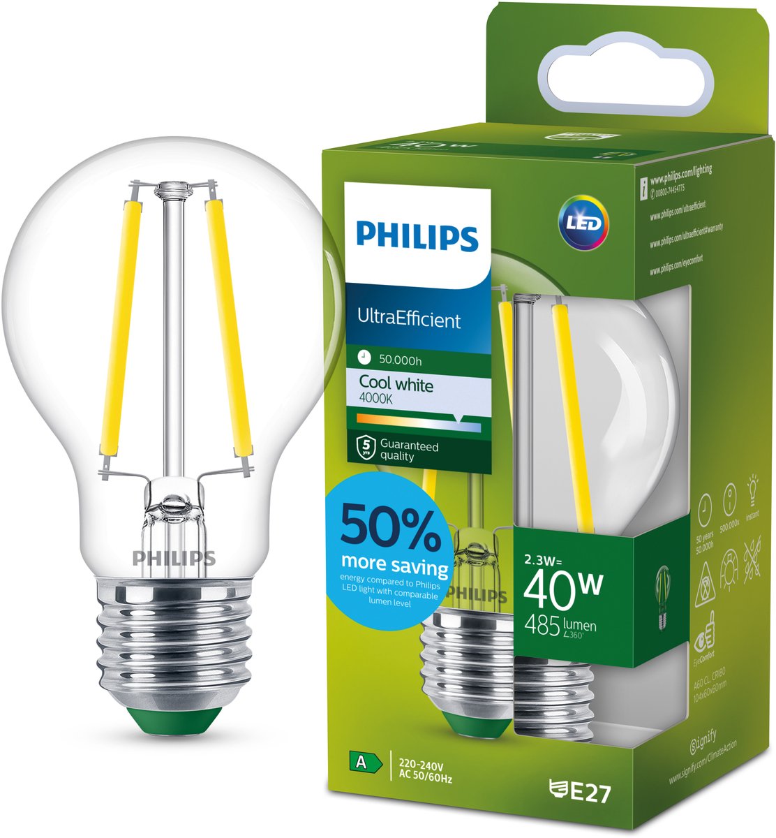 Philips LED Lampe LED ultra-efficace Philips - transparente - 40w - culot E27 - lumière blanc froid : 4000k - économisez sur les coûts énergétiques