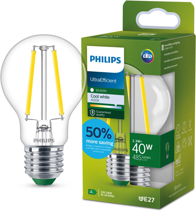 Philips LED Lampe LED ultra-efficace Philips - transparente - 40w - culot E27 - lumière blanc froid : 4000k - économisez sur les coûts énergétiques