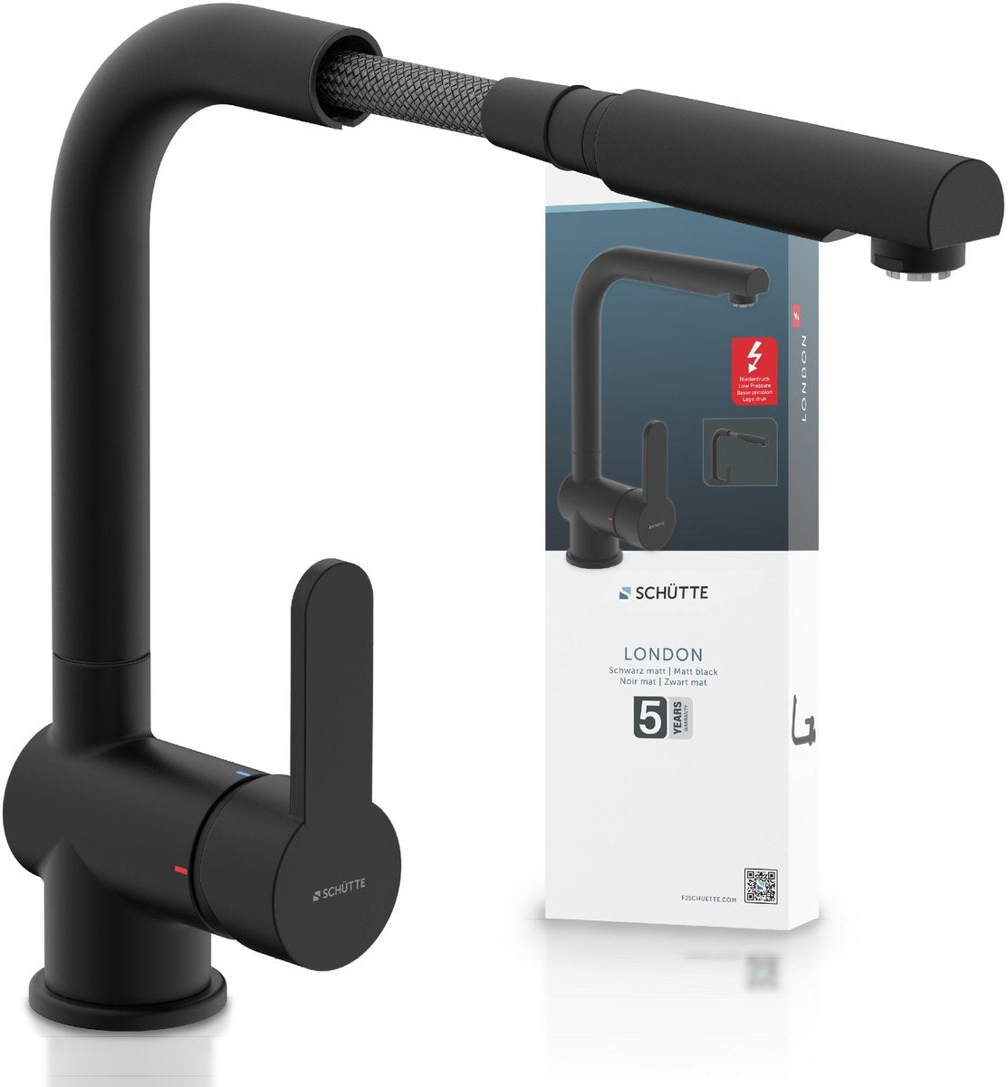 Robinet de cuisine design Schütte london pour chauffe-eau avec bec libre - basse pression - mitigeur - bec haut, orientable et extractible - poignée latérale - noir mat
