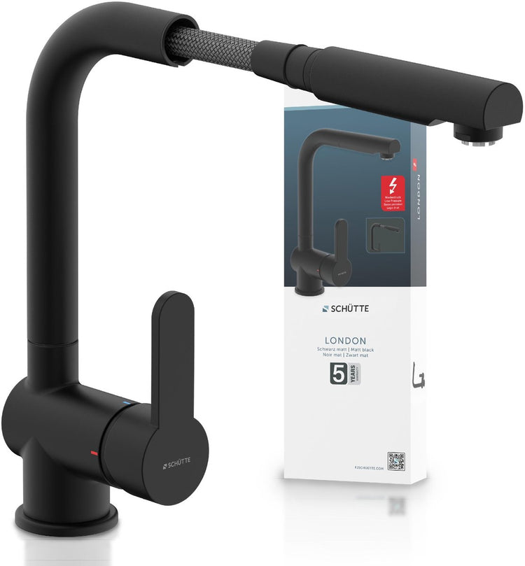 Robinet de cuisine design Schütte london pour chauffe-eau avec bec libre - basse pression - mitigeur - bec haut, orientable et extractible - poignée latérale - noir mat