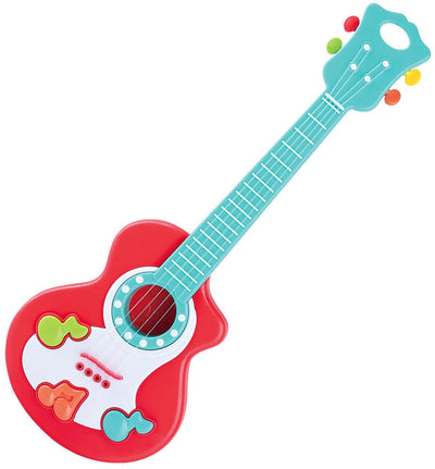 Jouer de la guitare avec des notes de musique rouge