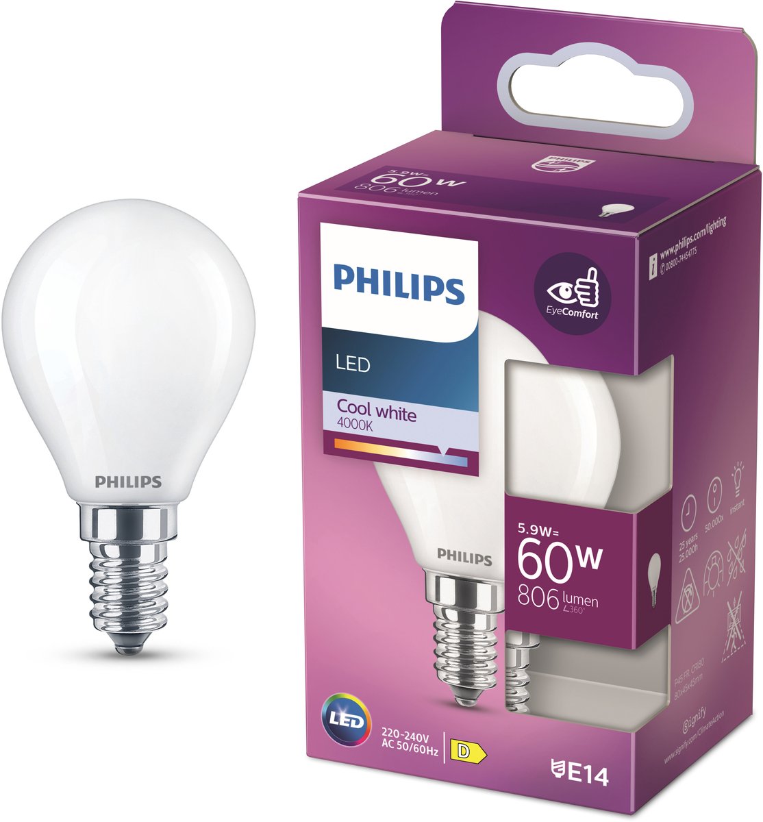Lampe boule LED Philips mate - 60 W - E14 - lumière blanc froid