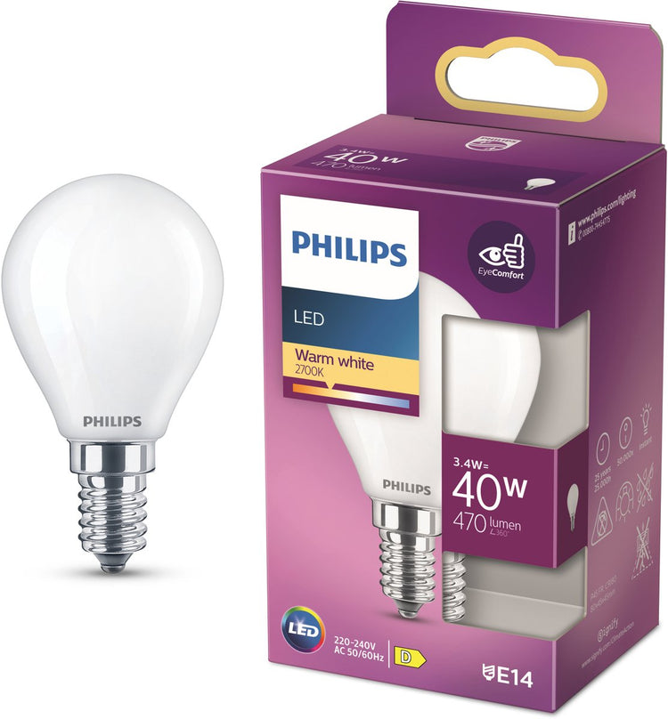 Lampe LED Philips - lampe boule avec culot E14 - lumière blanc chaud : 2700k - 40w - verre dépoli