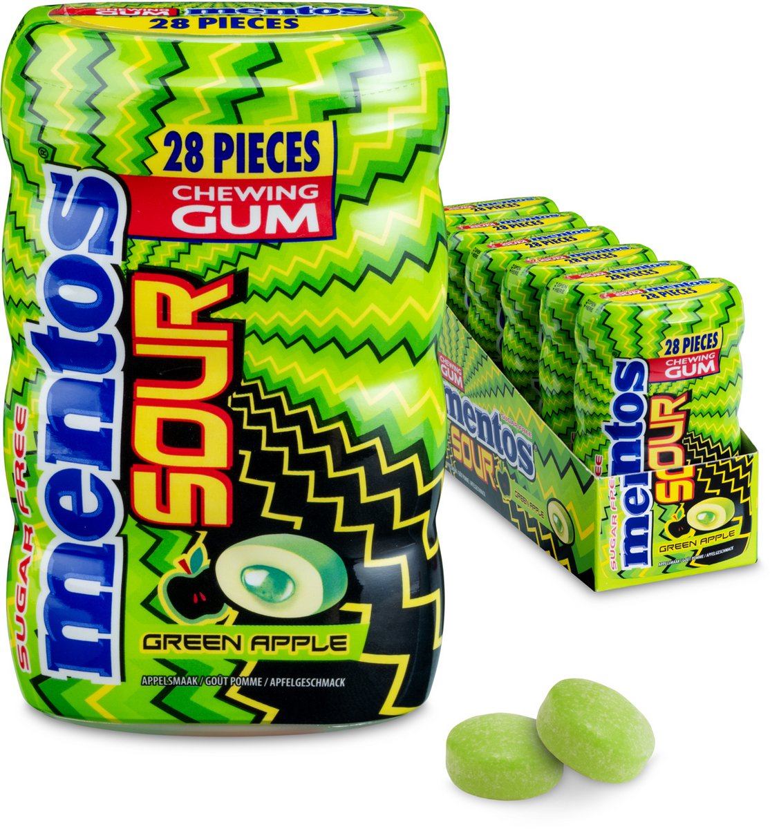 Mentos gum acid green apple - chewing-gum - sans sucre - 6x28 pièces