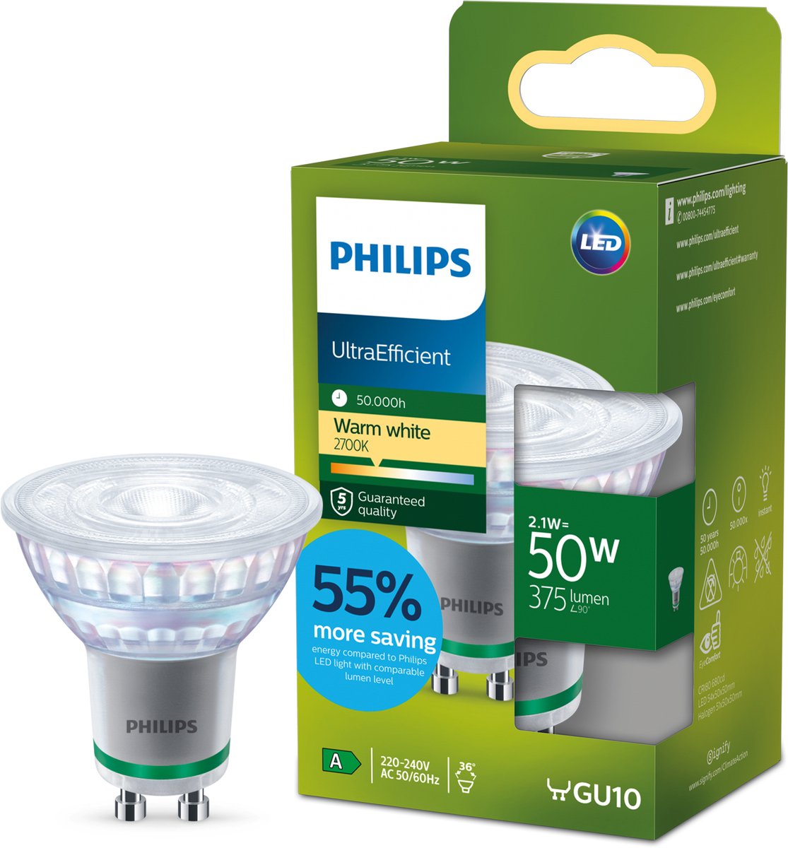 Philips LED Spot LED Philips ultra efficace - 50w - gu10 - lumière blanc chaud