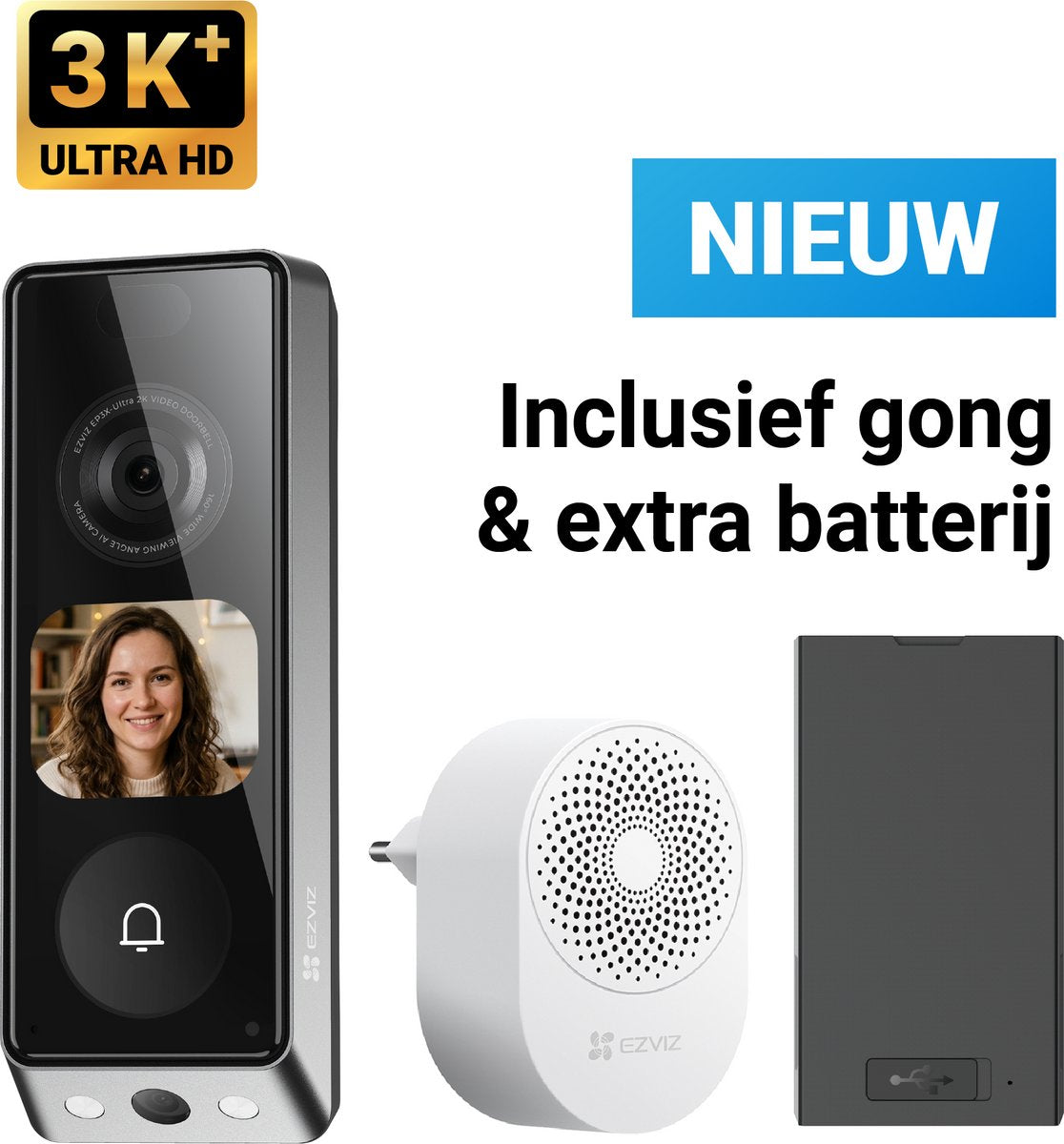 Ezviz EP8 Ultra - sonnette vidéo avec caméra avec écran AI - double objectif 3K+ (6MP) - détection de colis - sans fil ou filaire - stockage 32Go - sans abonnement