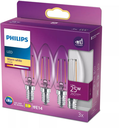 Lampe LED Philips - lampe bougie avec culot E14 - lumière blanc chaud : 2700k - 25w - verre transparent - pack de 3