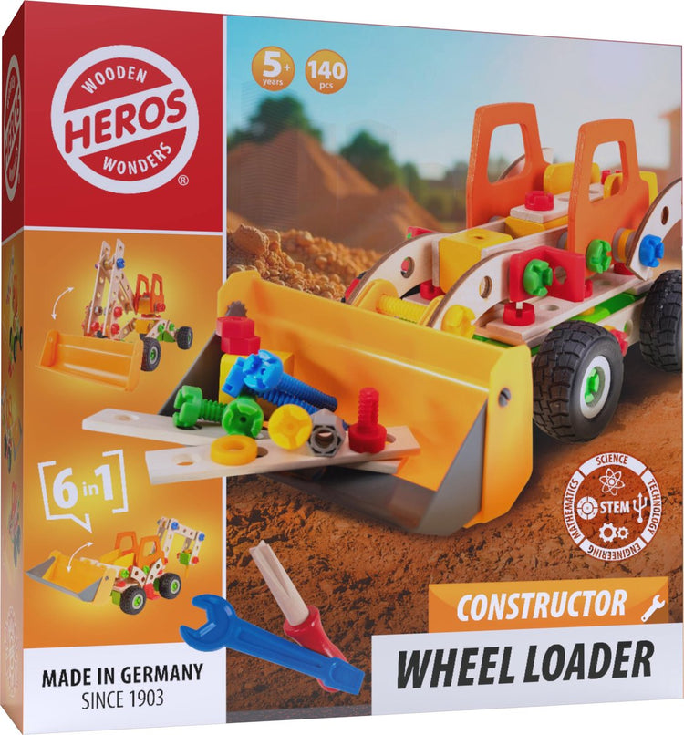 Chargeuse sur pneus Heros Constructor - Jouets de construction - 6 en 1 - 140 pièces - Jeu de construction en bois - Bois FSC - Fabriqué en Allemagne - Construisez vous-même - à partir de 5 ans