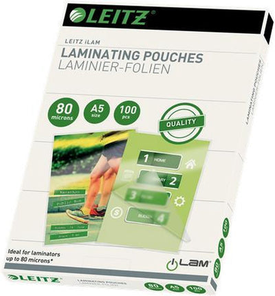 Pochettes de plastification Leitz pour plastification à chaud - pour documents A5 - 2x80 EVA (acétate d'éthyle et de vinyle) - 80 microns - 100 pièces