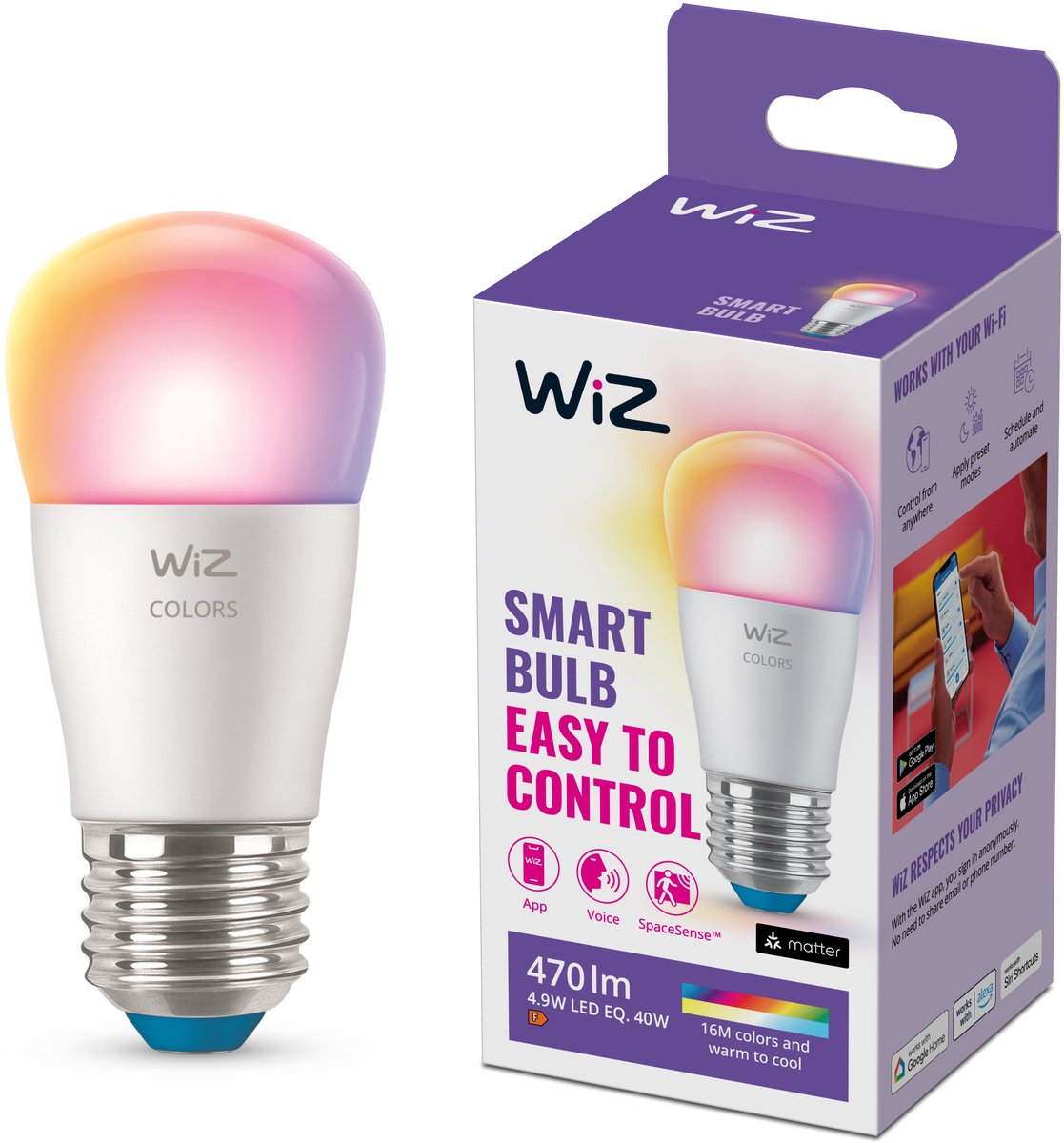 Lampe boule Wiz - lumière colorée et blanche - éclairage LED intelligent - culot E27 - 40w - mat - wi-fi