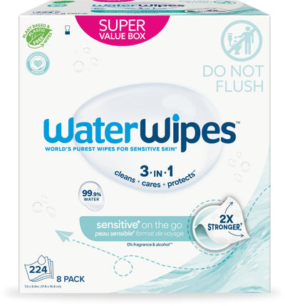 Lingettes Waterwipes sensibles en déplacement – 224 pièces (8 paquets)