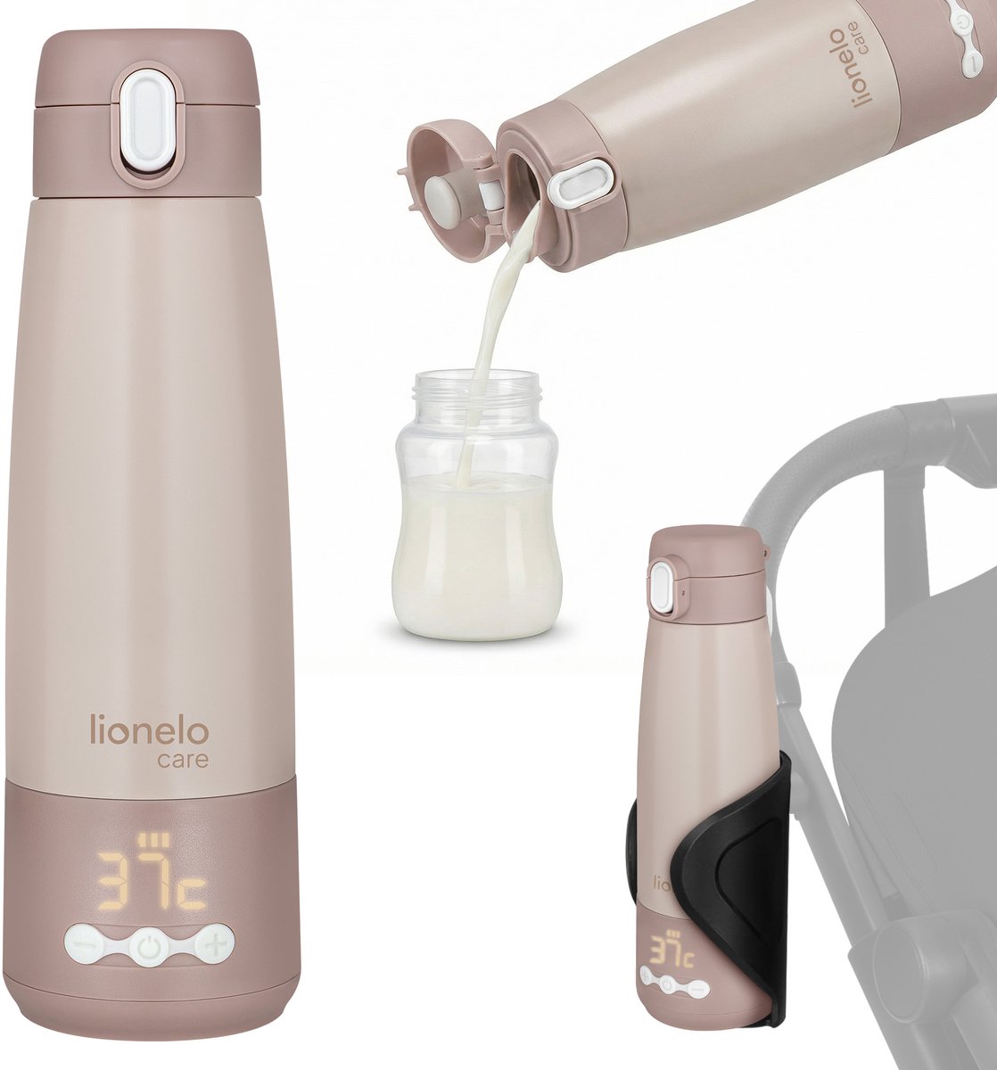 Bouteille thermique Lionelo – Thermos chauffe-lait portable 350 ml – chauffe le lait en 3,5 minutes – chauffe jusqu'à 20 heures – 5 réglages de température – USB-C – pour les déplacements
