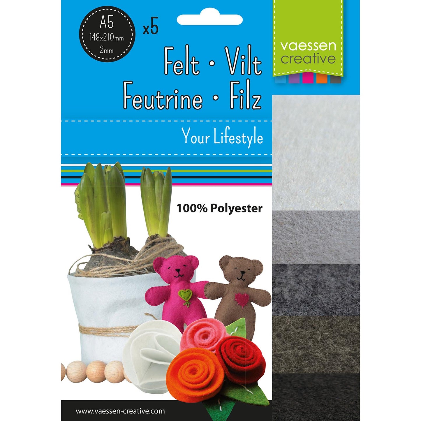 Vaessen creative • paquet de feutre 2mm a5 gris noir 5pcs.