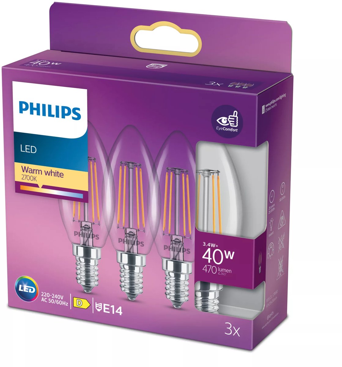 Lampe LED Philips - lampe bougie avec culot E14 - lumière blanc chaud : 2700k - 40w - verre transparent - pack de 3