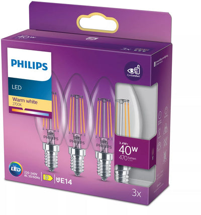 Lampe LED Philips - lampe bougie avec culot E14 - lumière blanc chaud : 2700k - 40w - verre transparent - pack de 3