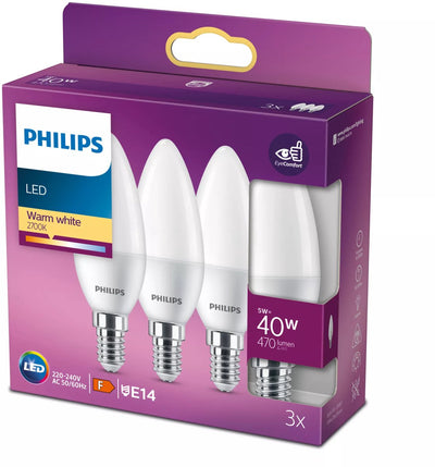 Bougie LED Philips économe en énergie mate - 40 W - E14 - lumière blanc chaud - 3 pièces - économisez sur les coûts énergétiques