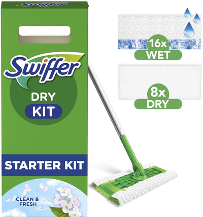 Kit de démarrage pour nettoyant pour sols Swiffer - 1 nettoyant pour sols + 16 lingettes sèches + 8 lingettes humides pour sols