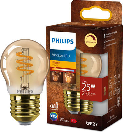 Lampe boule LED Philips spirale dorée - 25 w - E27 - lumière blanc très chaud dimmable