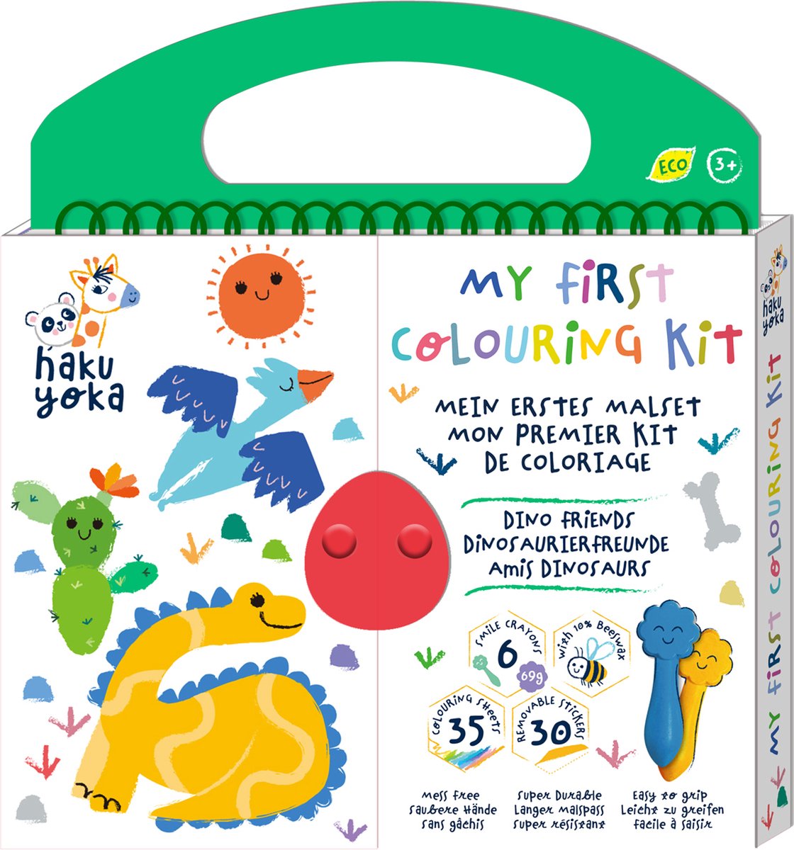 Haku yoka : mon premier kit de coloriage amis dino 20,5x24x2cm, contient 6 crayons de cire visage souriant, 35 feuilles de coloriage et autocollants amovibles, contient 10% de cire d'abeille, 3+
