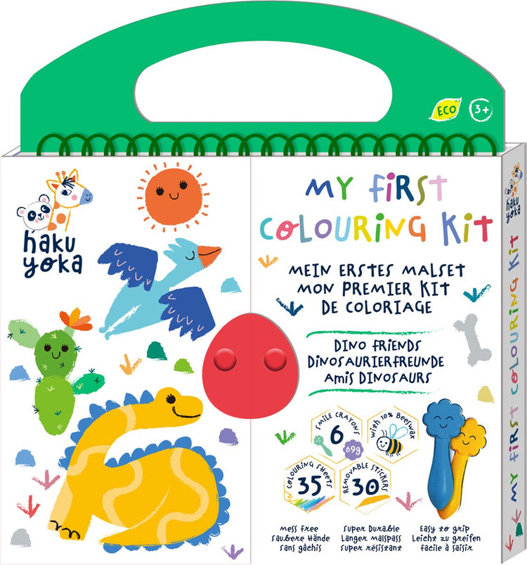 Haku yoka : mon premier kit de coloriage amis dino 20,5x24x2cm, contient 6 crayons de cire visage souriant, 35 feuilles de coloriage et autocollants amovibles, contient 10% de cire d'abeille, 3+