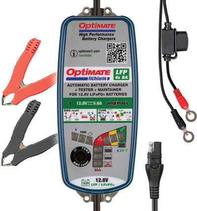 Optimate Lithium 4S 6A 12,8 V LifePO4 Chargeur de batterie – Chargeur automatique en 10 étapes avec technologie Ampmatic – Résistant aux intempéries – pour moto, voiture, VTT, bateau