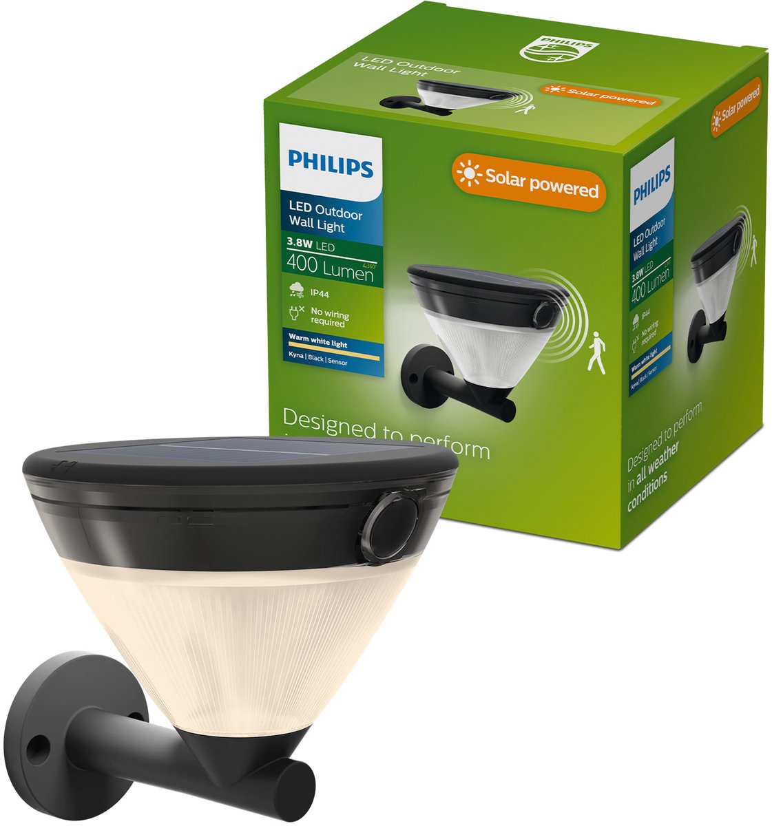 Philips LED Applique solaire Philips Kyna - énergie solaire - lumière blanche chaude : 2700k - noir - deux modes d'éclairage - capteur crépusculaire - détecteur de mouvement - IP44 : résistant aux intempéries - éclairage extérieur solaire