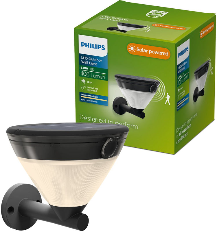Philips LED Applique solaire Philips Kyna - énergie solaire - lumière blanche chaude : 2700k - noir - deux modes d'éclairage - capteur crépusculaire - détecteur de mouvement - IP44 : résistant aux intempéries - éclairage extérieur solaire