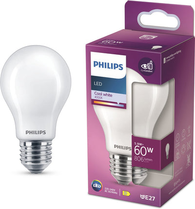 Lampe LED Philips - forme de lampe standard avec culot E27 - lumière blanc froid : 4000k - 60w - verre dépoli